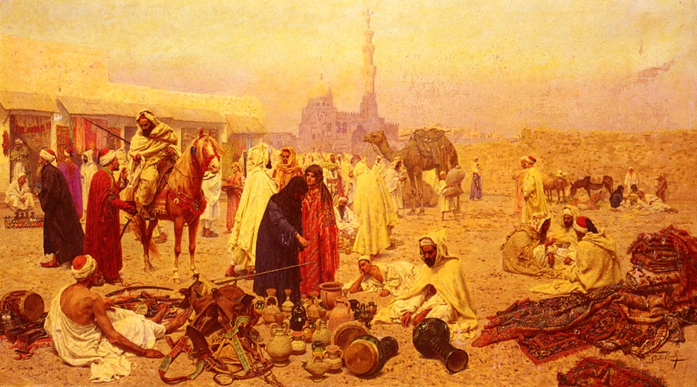 1000x555 An Arabian Market Painting Giulio Rosati Oil Paintings - Arabian Painting
