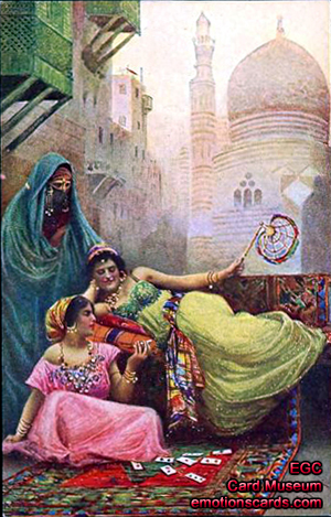 300x469 Playing Cards In Postcards ~ Postcard Museum By Emotions Greeting - Arabic Woman Painting