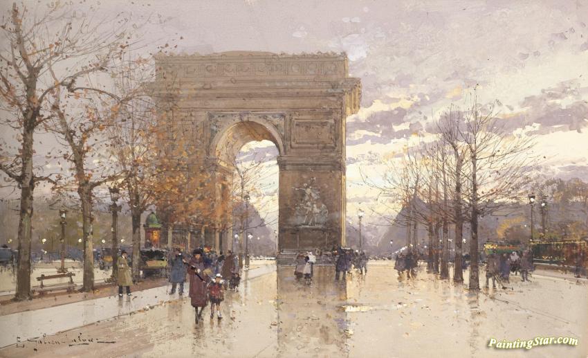 850x517 L'Arc De Triomphe I Artwork By Eugene Galien Laloue Oil Painting - Arc De Triomphe Painting
