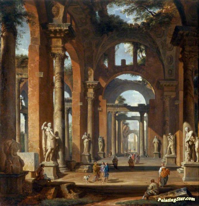 693x720 Statues In A Ruined Arcade Artwork By Giovanni Paolo Pannini Oil - Arcade Painting