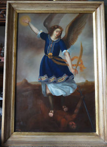218x300 Archangel Angel Michael Oil Painting Spanish Colonial Art Santo - Archangel Michael Painting