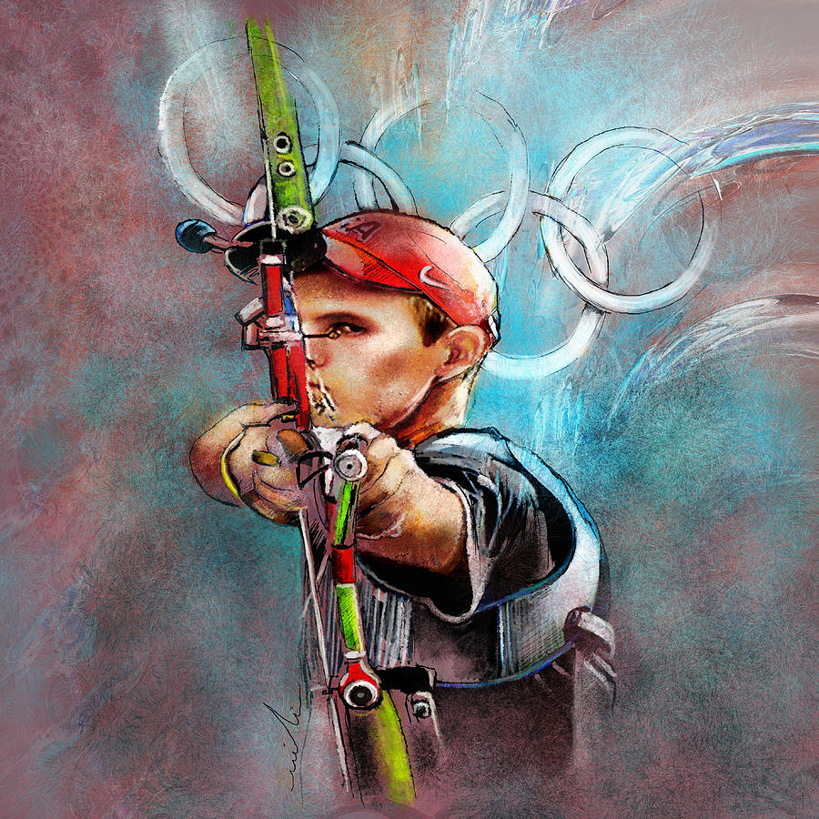 900x900 Olympics Archery 02 Painting By Miki De Goodaboom - Archery Painting