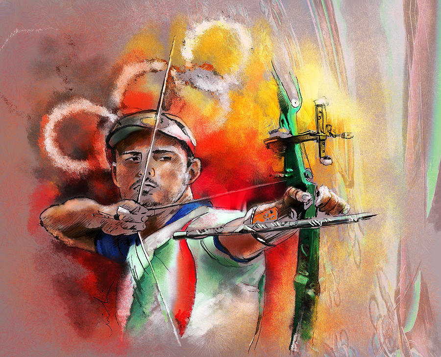900x730 Olympics Archery 03 Painting By Miki De Goodaboom - Archery Painting
