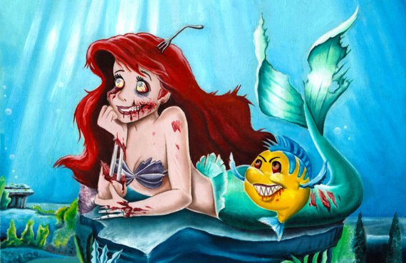 570x369 Ariel Little Mermaid Zombie Disney Scary Painting Pencil Print - Ariel Painting