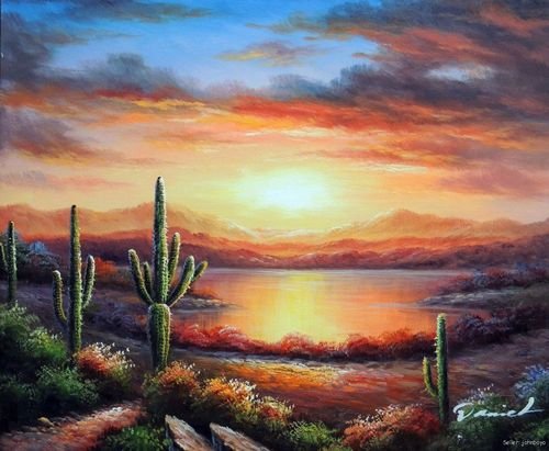 500x411 Arizona Sunset Cactus Lake Bold Colors Southwest Painting Oil - Arizona Painting