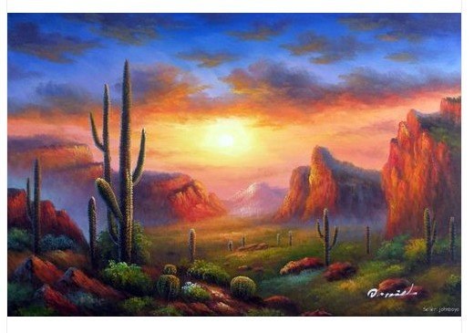 520x365 Arizona Sunset Desert Saguaro Barrel Cactus Valley 24x36 Stretched - Arizona Painting