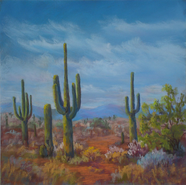 600x599 Reaching For The Sky, Saguaros, Arizona, Original Pastel Painting - Arizona Painting