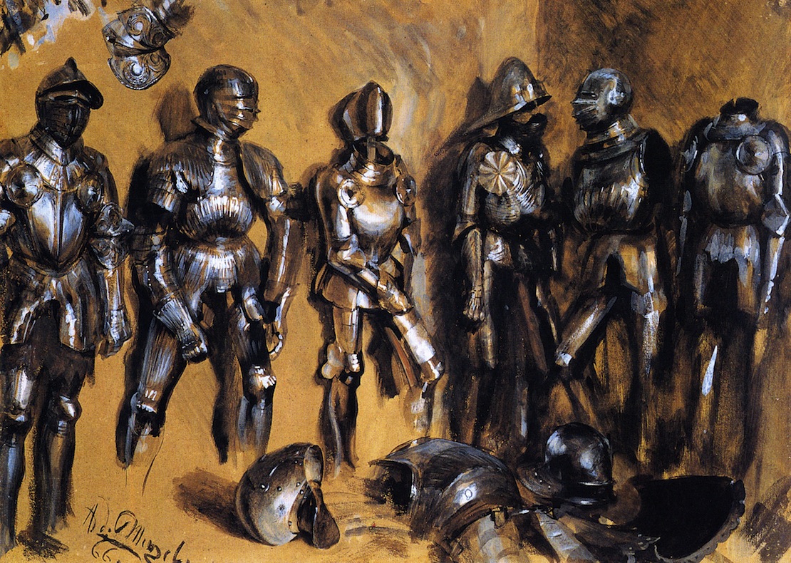 1110x790 Six Suits Of Armor Standing Against A Wall Painting Adolph Von - Armor Painting