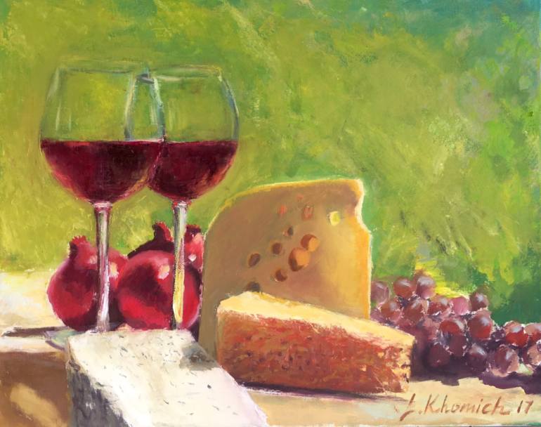 770x608 Saatchi Art Still Life Painting, Red Wine, Grapes, Cheese - Art And Wine Painting