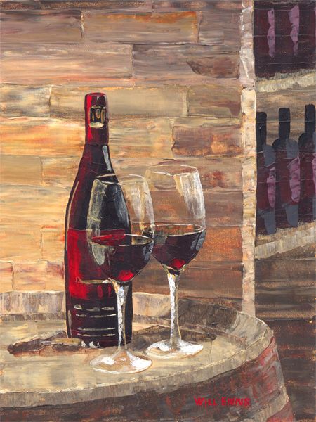 450x600 Two Glasses Of Red Wine On A Barrel 16x12, Acrylic On Canvas Sold - Art And Wine Painting