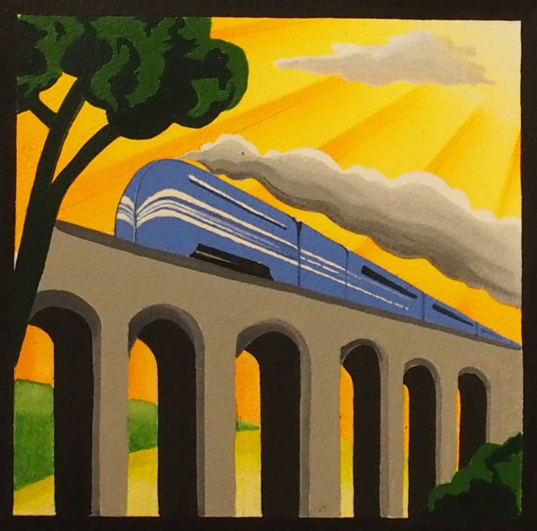 770x761 Saatchi Art Art Deco Blue Train Painting By Emma Childs - Art Deco Painting