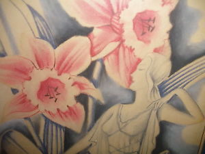 300x225 Beautiful Vintage Art Deco Woman With Flowers Ink Wash Painting By - Art Deco Woman Painting