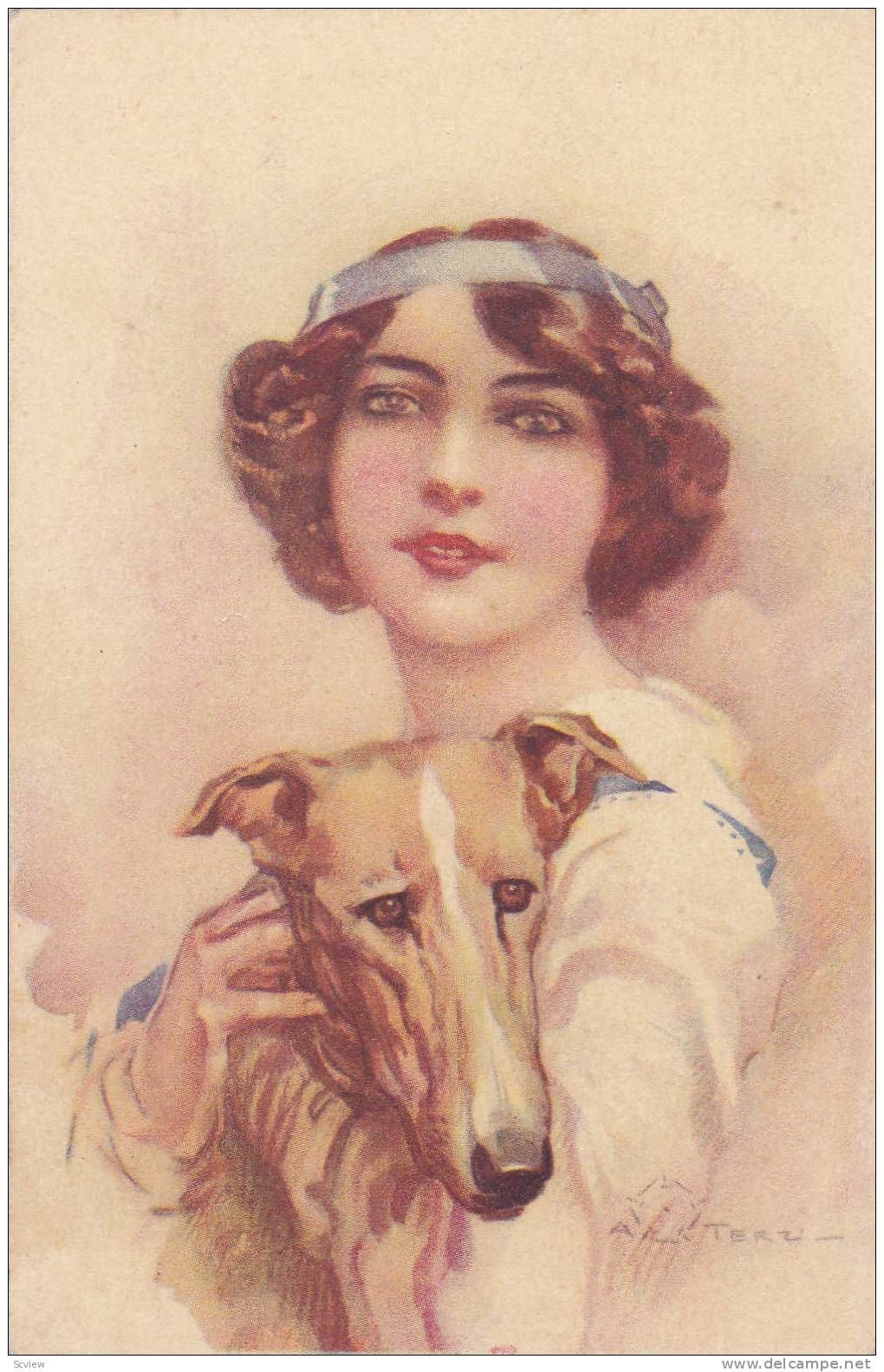 1020x1583 As, Art Deco Woman Portrait With Dog, 1910 1920s Works Of Art - Art Deco Woman Painting