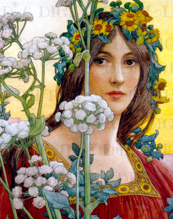 570x720 Gorgeous Flower Crowned Art Nouveau Lady! Vintage Digital - Art Nouveau Woman Painting
