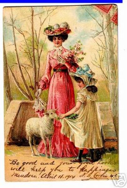 405x600 Sheep Images Art Nouveau Woman With Girl And Sheep - Art Nouveau Woman Painting