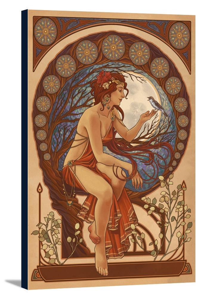 667x1000 Woman And Bird - Art Nouveau Woman Painting
