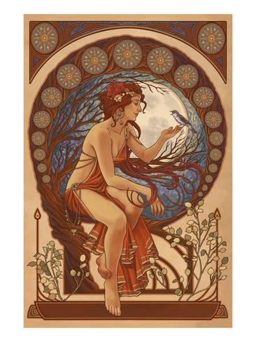 366x488 Woman And Bird - Art Nouveau Woman Painting