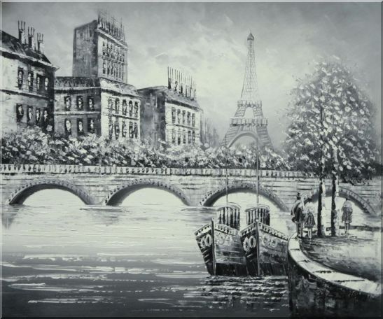 547x456 Framed Black White Eiffel Tower Seine River Bridge Oil Painting - Art Painting Black And White