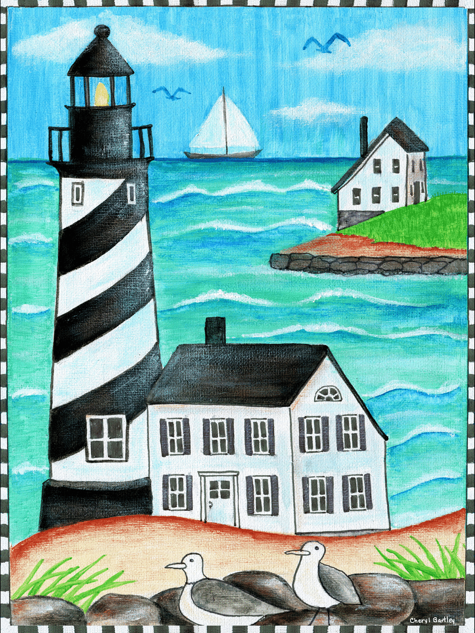 960x1280 Lighthouse Ocean Folk Art Painting Seagulls Beach Boats Original - Art Painting Pictures