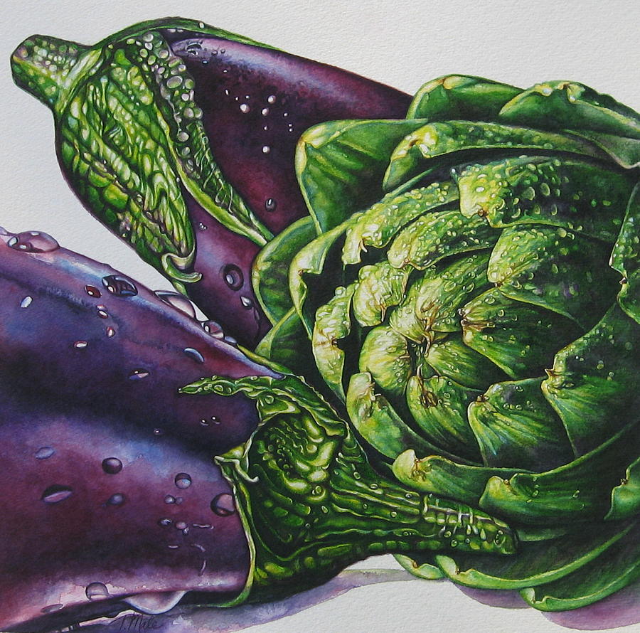 900x890 Aubergines And An Artichoke Painting By Tracy Male - Artichoke Painting