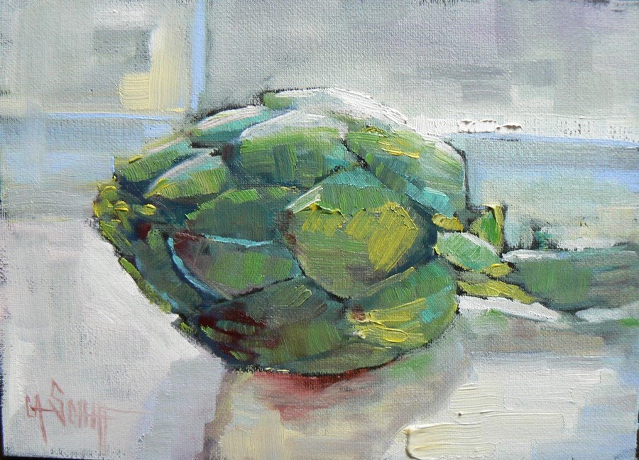 900x648 Carol Schiff Daily Painting Studio Artichoke, 5x7, Oil, Sold - Artichoke Painting
