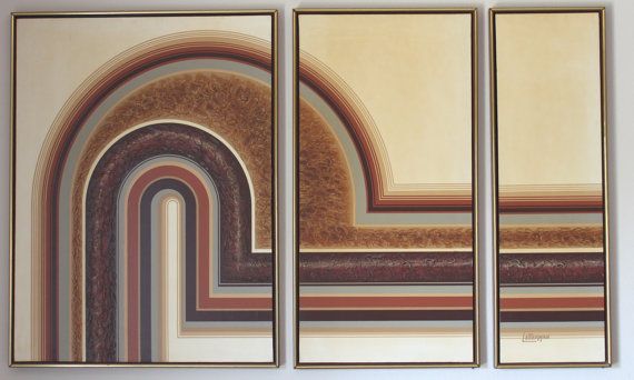 570x342 Vintage Mid Century Modern Abstract Triptych Letterman By Modnique - Artist Letterman Oil Painting