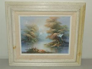 300x225 Vintage Small Framed Swans Oil Painting On Canvas By Listed Artist - Artist Thompson Oil Painting