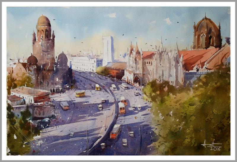 800x549 Mumbai Ii By Artist Amit Kapoor Cityscape Art Watercolor Paintings - Artist Watercolor Painting