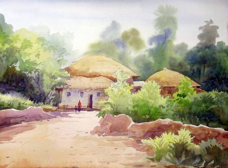 770x567 Saatchi Art Morning Bengal Village - Artist Watercolor Painting