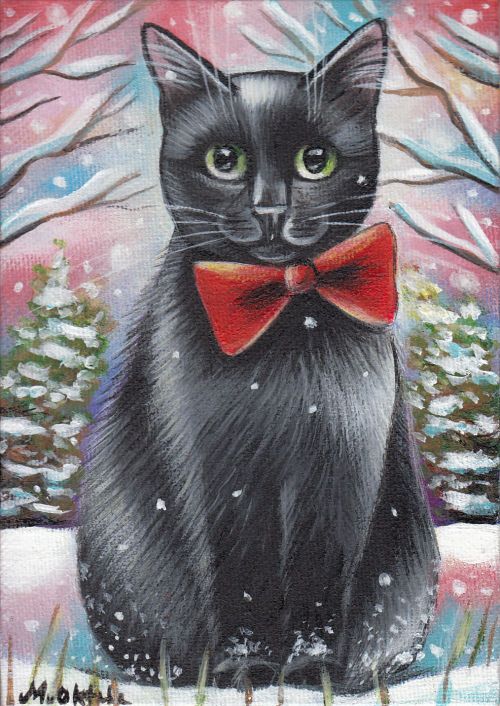 500x706 Black Cat Christmas Winter Art Painting - Artists Who Painting Cats