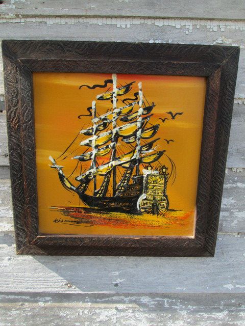 480x640 Mid Century Vintage Painting Spanish Ship With Mast Wood Frame - Ashbrook Painting