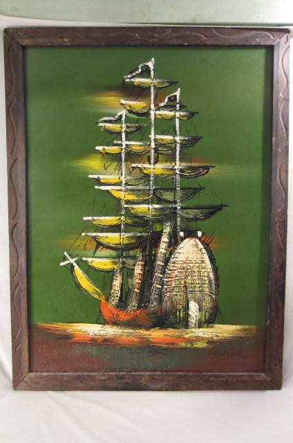 424x640 Sold Spanish Ship And Ocean Textured Oil Painting Signed Ashbrook - Ashbrook Painting
