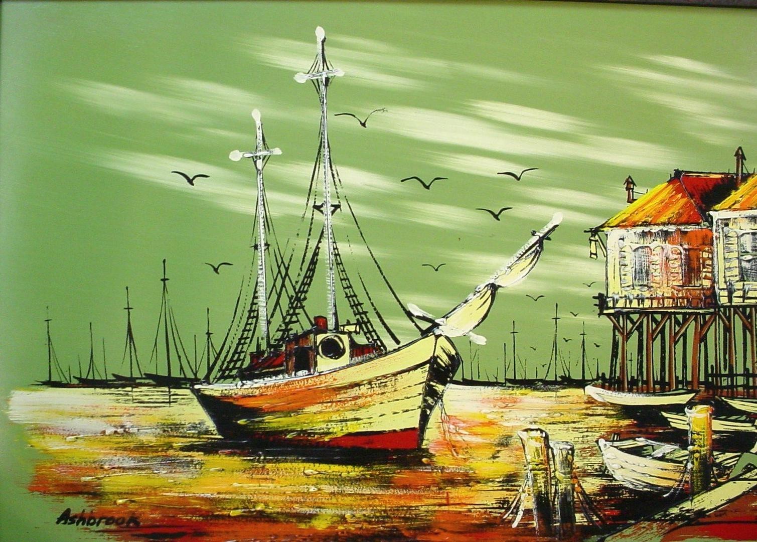 1509x1080 Huge Vintage Ashbrook Painting Framed Fisherman's Wharf Ocean Pier - Ashbrook Painting Value