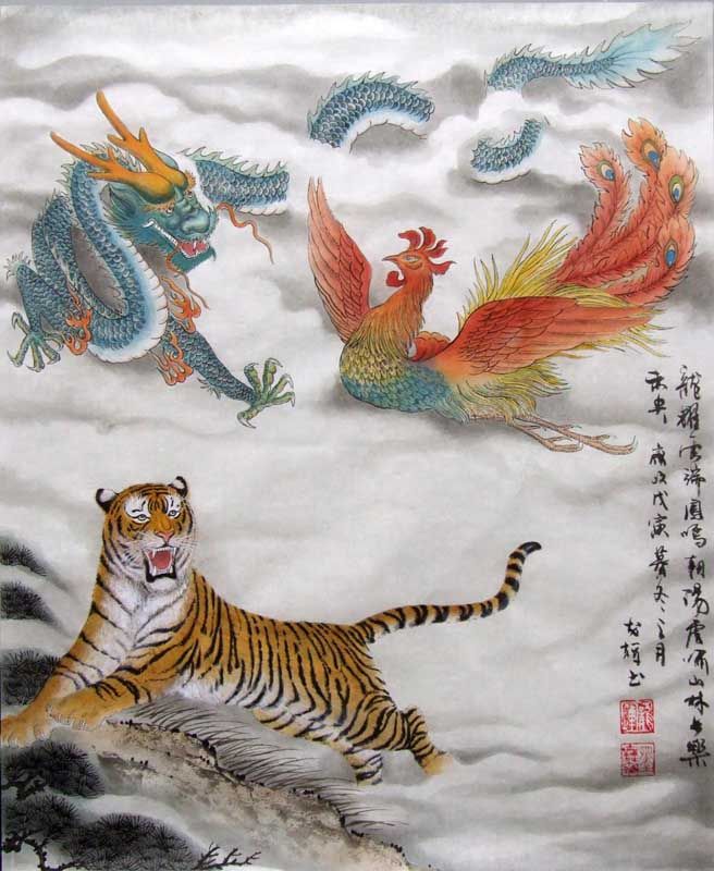 656x800 Very Beautiful Chinese Dragon, Phoenix And Tiger Representation - Asian Dragon Painting