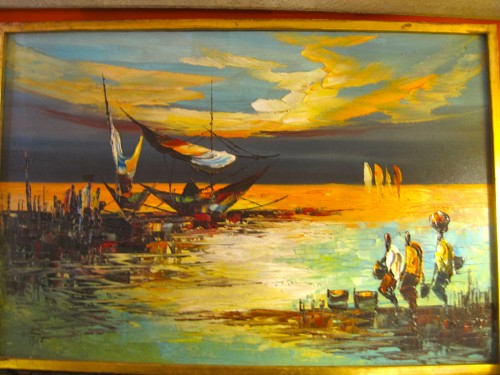 500x375 Sold Seascape Serenity 1968 Asian Boats And Ocean Painting - Asian Ocean Painting