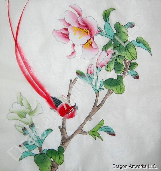 565x600 Chinese Silk Painting Of Red Bird And Flowers On Silk Fabric - Asian Silk Painting