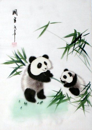 352x500 Chinese Silk Painting Panda Bear Panda, Oriental - Asian Silk Painting