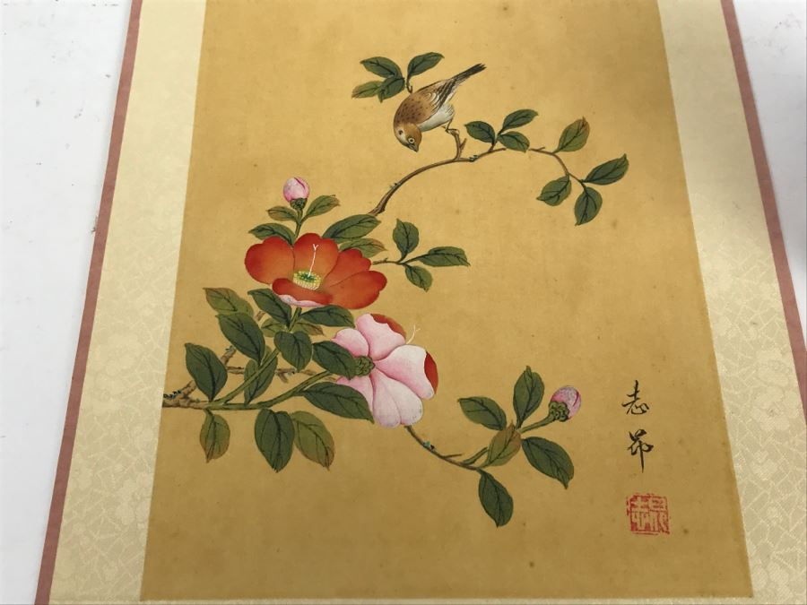 900x675 Original Signed Chinese Silk Painting Bird And Floral Motif - Asian Silk Painting