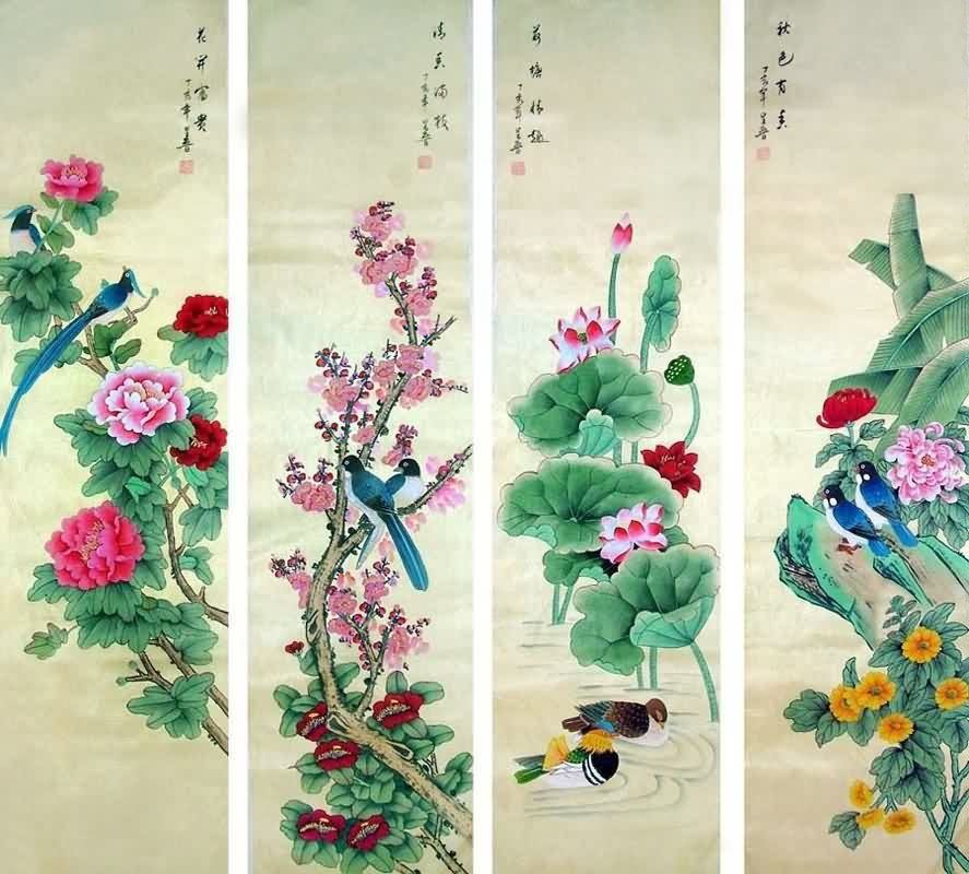 887x800 Chinese Four Screens Of Flowers And Birds Painting Flowerampbird - Asian Silk Painting