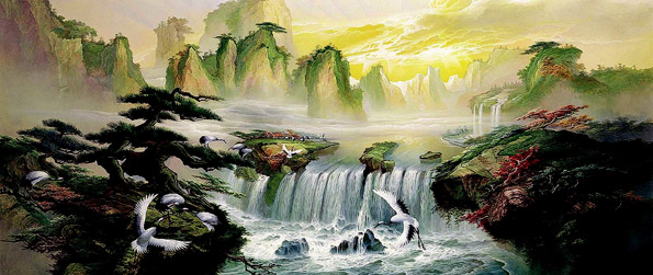595x251 6022 Waterfall In A Asian Style Painting Mural - Asian Style Painting
