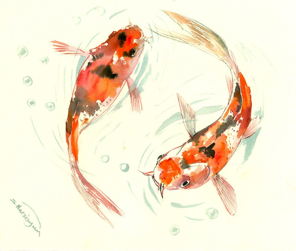 1000x848 Two Goldfish, Two Koi, Original Orange Black Yellow Watercolor - Asian Style Painting