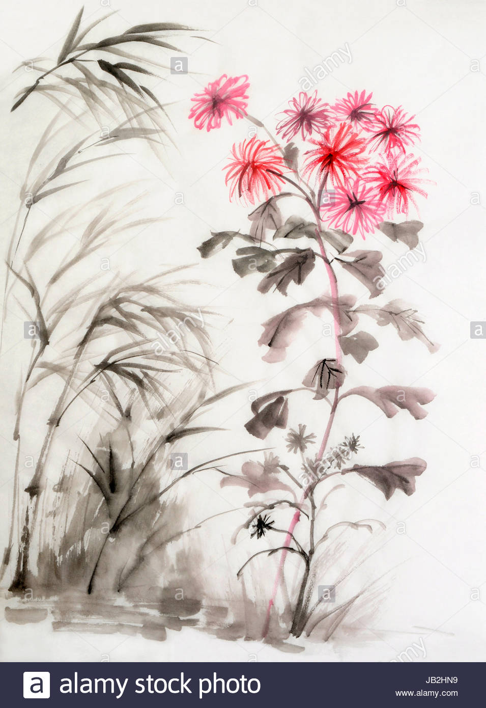 955x1390 Watercolor Painting Of Chrysanthemum Flower And Bamboo. Asian - Asian Style Painting