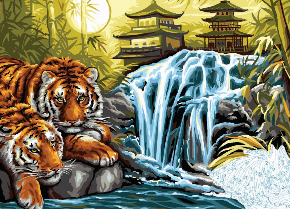 1000x720 Painting By Numbers Asian Tigers With Pagoda And Waterfall Paint - Asian Tiger Painting