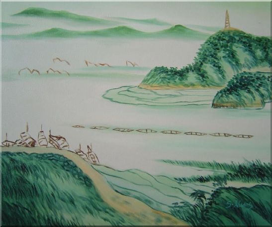 547x456 Framed Mountain, River And Fishing Boats Oil Painting Landscape - Asian Wave Painting