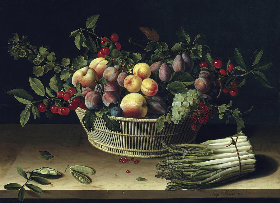 900x652 Still Life With A Basket Of Fruit And A Bunch Of Asparagus - Asparagus Painting