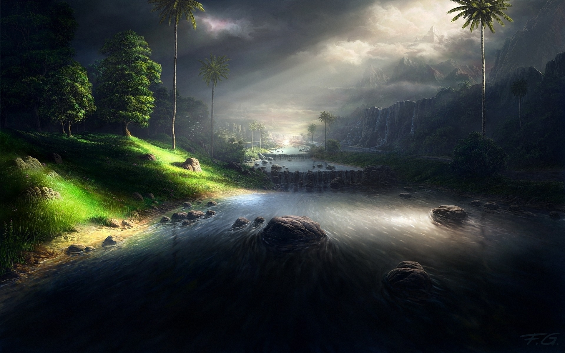 1920x1200 Wallpaper River, Current, Aspiration, Light, Painting, Art - Aspiration Painting