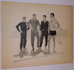 300x281 Lionel Gilbert Original Illustration Art 1950 Painting Sports Male - Athletic Painting