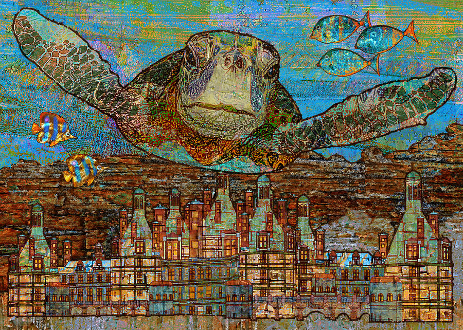900x642 Sea Turtle Over Atlantis Painting By Mary Ogle - Atlantis Painting