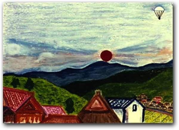 600x436 Parachute Dropping The Atomic Bomb On Hiroshima. - Atomic Bomb Painting