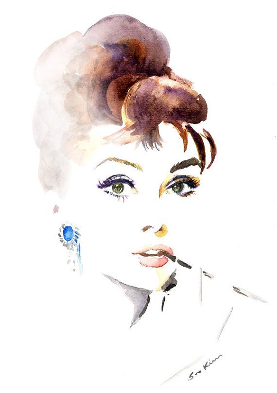 570x809 Audrey Hepburn Breakfast - Audrey Hepburn Watercolor Painting